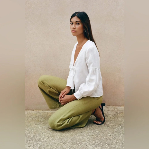 arkitaip Clara Flared Linen Trousers Willow Green High Rise 100% Belgian Linen - Picture 10 of 10